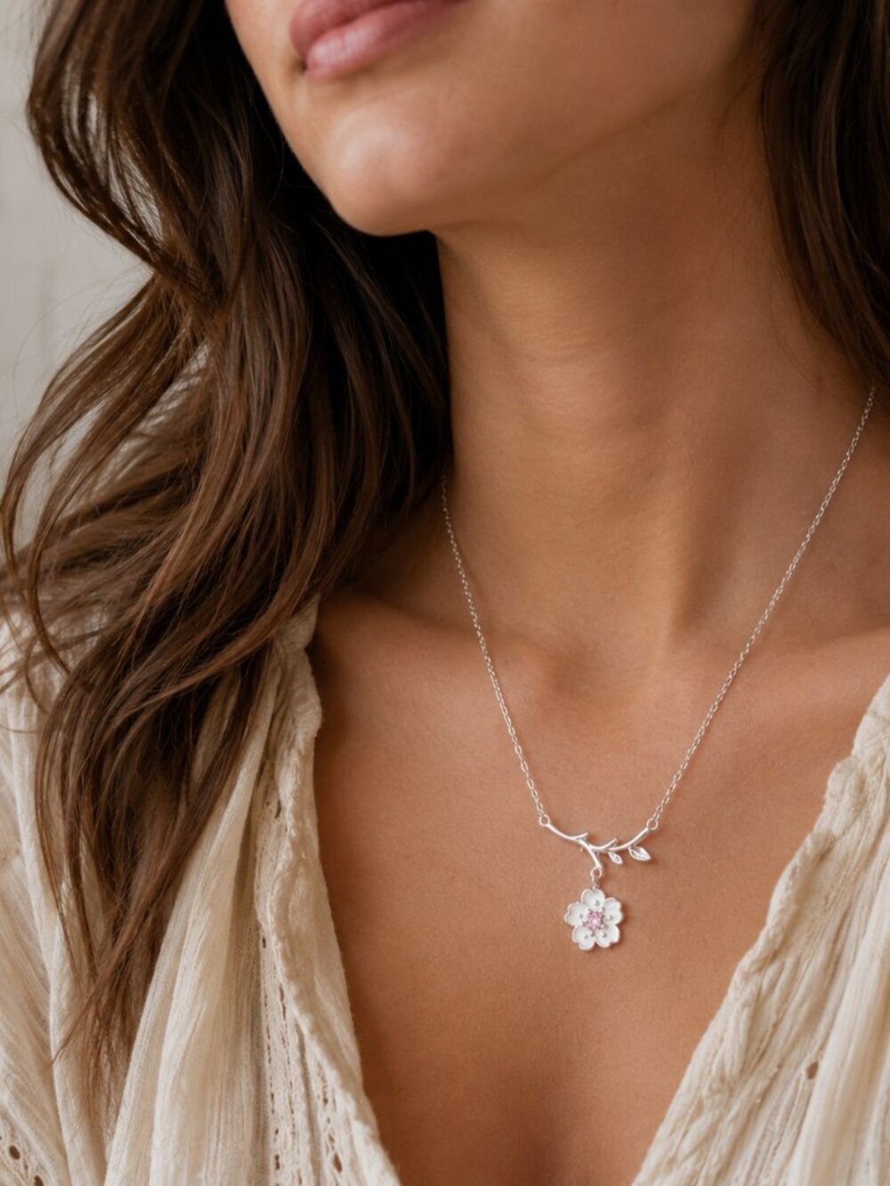 925 Sterling Silver Cherry Blossom Branch Necklace